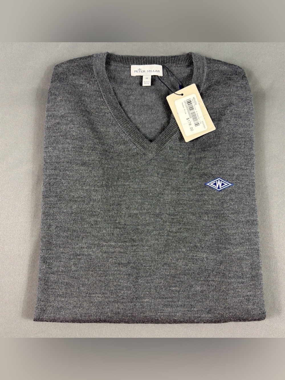 Peter Millar Golf Sweater Crown Chest Logo V-Neck Medium Gray Wool NWT MSRP $200